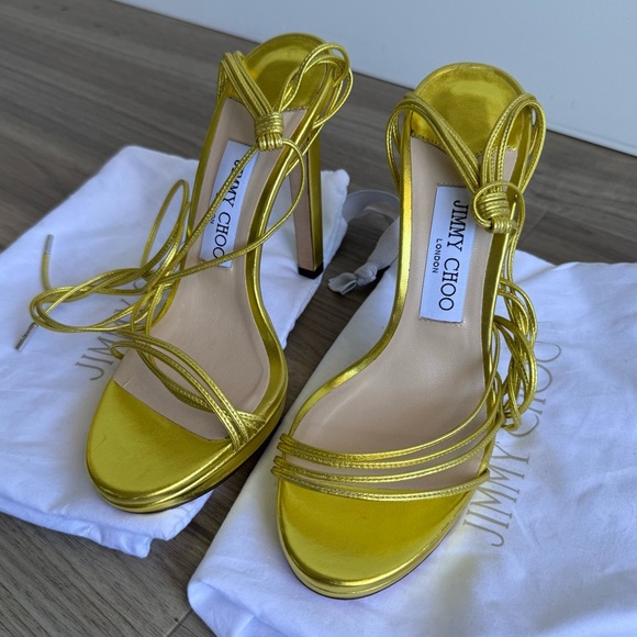 NWOT Jimmy Choo Antia Ankle Wrap Sandal Acid Yellow Size 38 - Picture 9 of 10